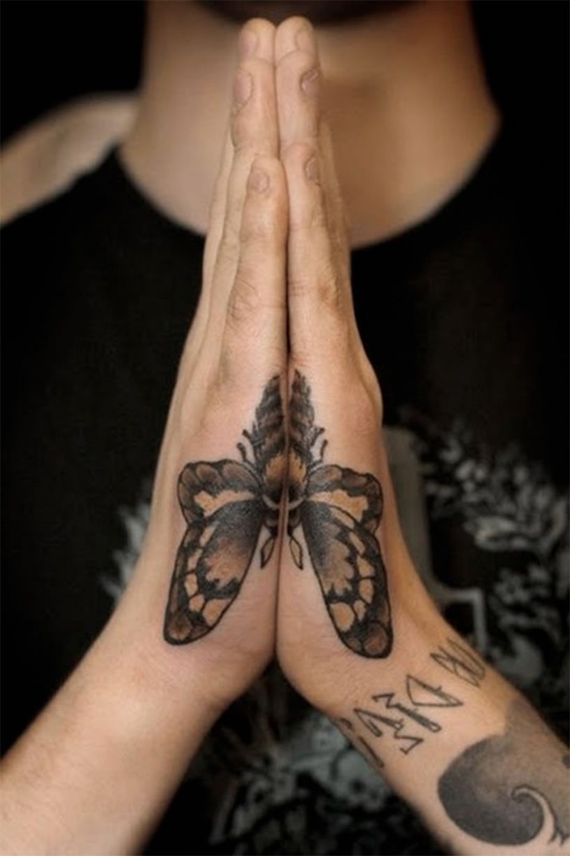 Amazing Butterfly Tattoo On Joined Hands