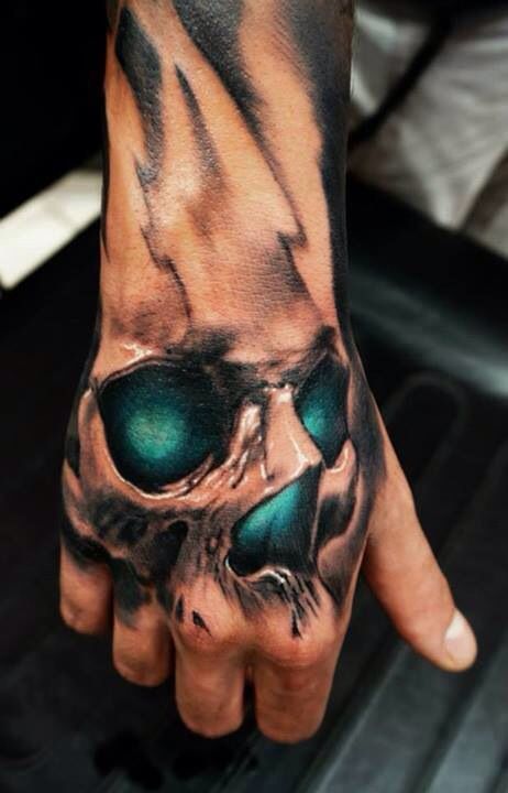 Amazing Skull Tattoo On Hand By Ozone Ofk Nico 3d emerald