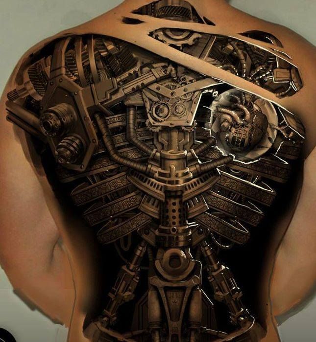 Awesome 3D bio mechanical tattoo design for full back