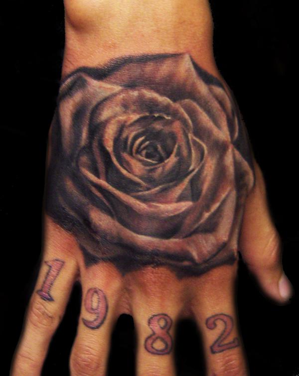 Black And Grey Rose Tattoo on Hand