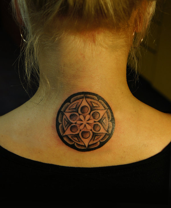 Awesome Black Ink Dotting tattoo on upper back