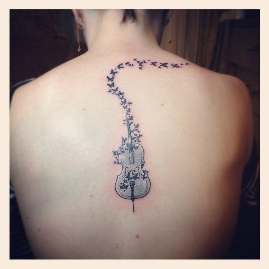 Incredible Violoncello Tattoo on back by ABYSS-TAT-2S