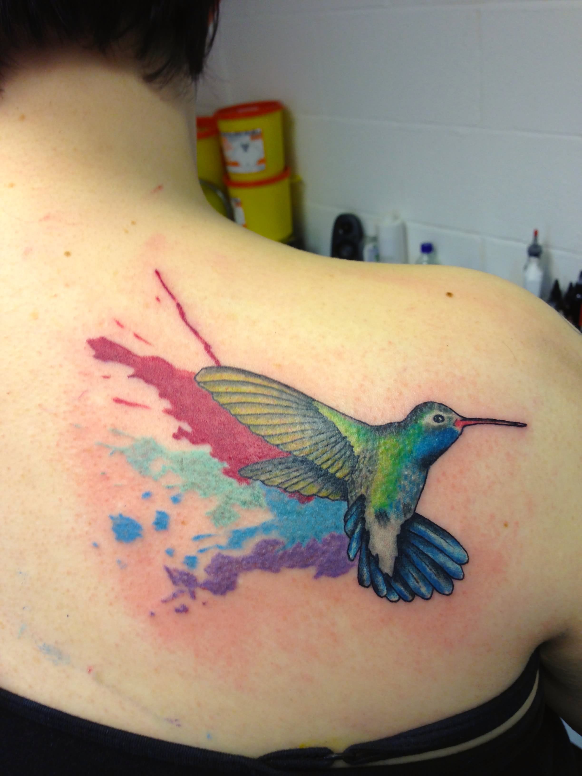 Watercolor Hummingbird Tattoo On Right Back Shoulder