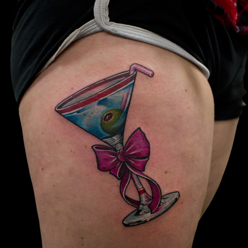 White Trash Martini Glass Tattoo With Bow On Thigh