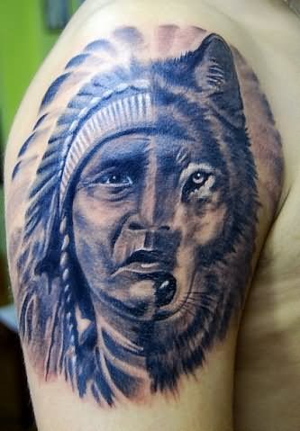 Wolf And Indian Lady Face Tattoo On Shoulder