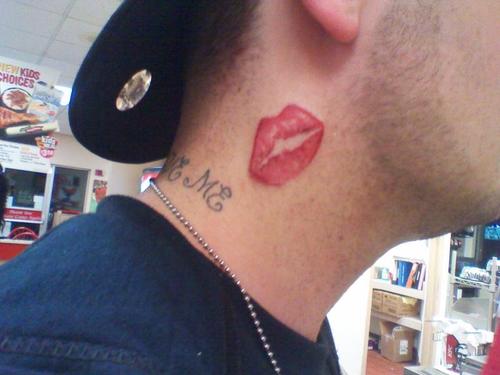 Red Lips Tattoo On Neck