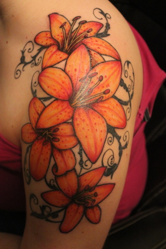 Tiger Lily Flowers Tattoos On Shoulder
