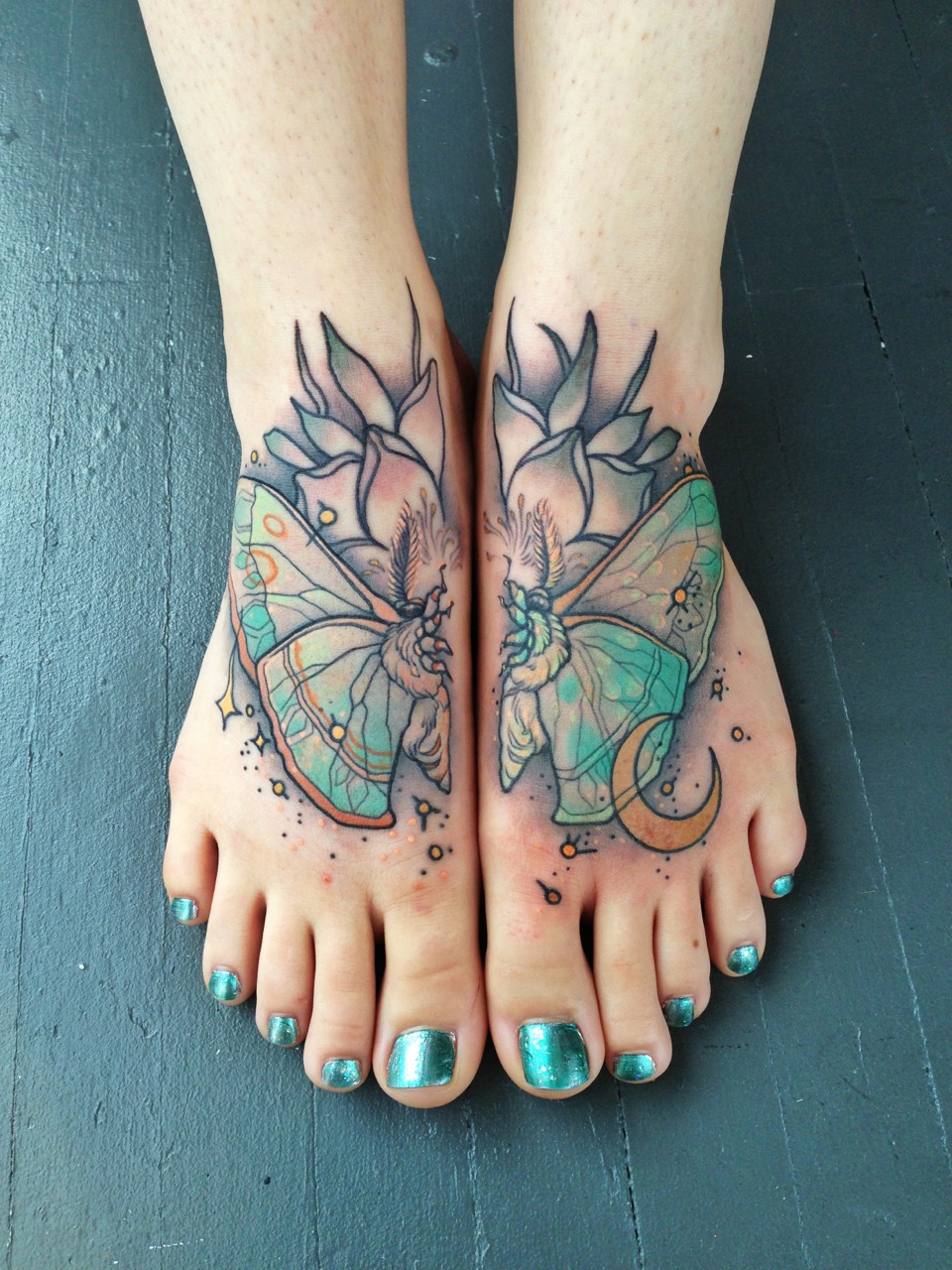 Beautiful Flower And Butterfly Feet Tattoo