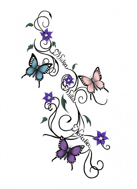 Butterflies And Flowers Vine Tattoo Design With Name