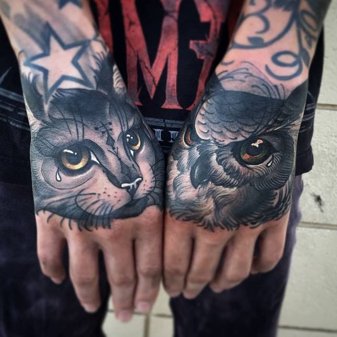 Cat And Owl Tattoo On Hands By James Warf