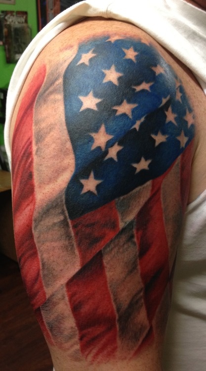 Color USA Flag Tattoo On Half Sleeve For Men