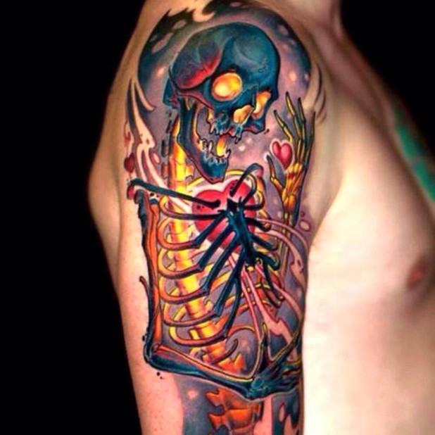 Colorful Skeleton Tattoo On Half Sleeve By Curtis Burgess