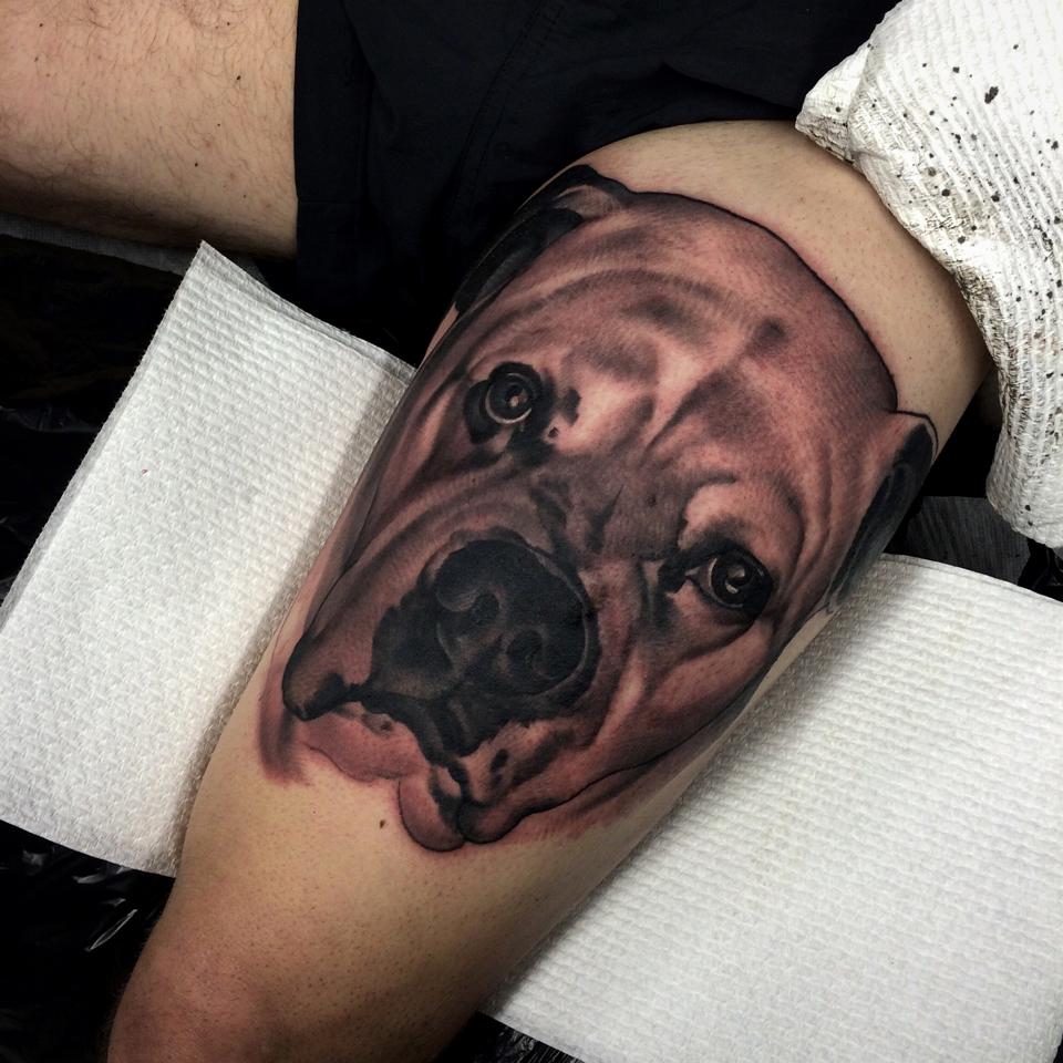 Dog Tattoo On Thigh By Emily Rose