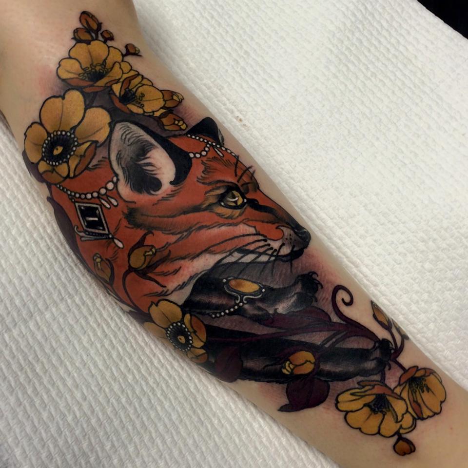 Flowers And Fox Tattoo On Arm By Emily Rose
