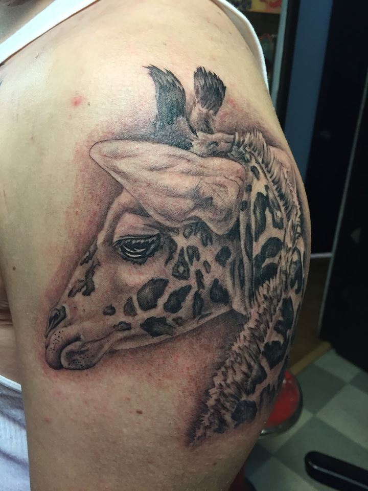 Giraffe Tattoo On Shoulder By Max Vasher