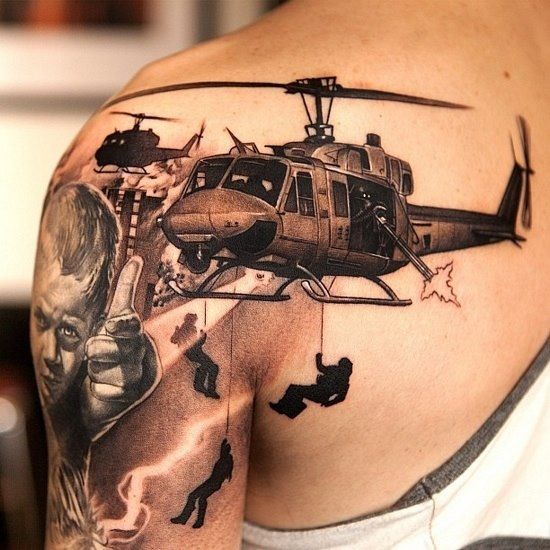 Helicopters Army Tattoo On Left Shoulder