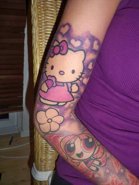 Hello Kitty And Power Puff Cartoon Tattoos On Sleeve