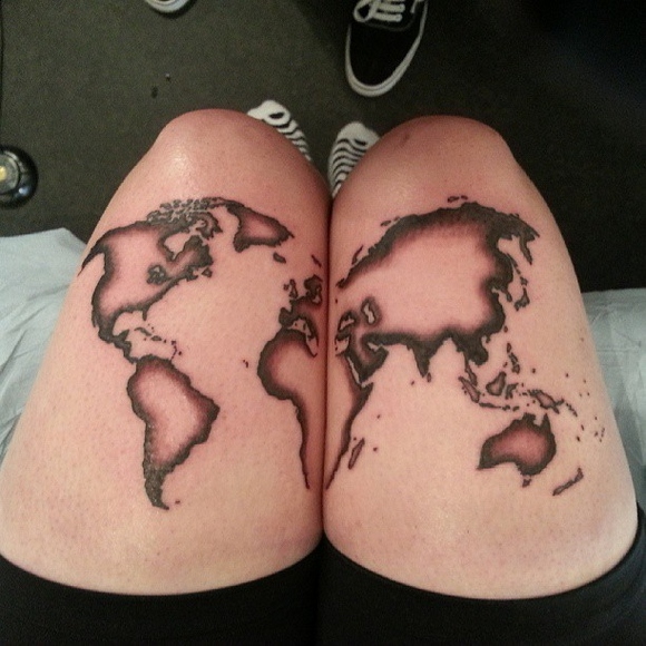 Incredible World Map Tattoos On Thigh