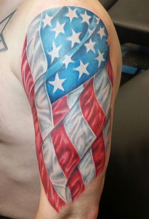 Left Sleeve Flag Tattoo For Guys