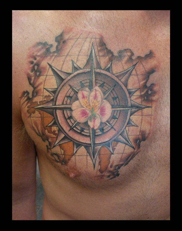 Nautical Compass And Map Tattoo On Chest by All Wolff