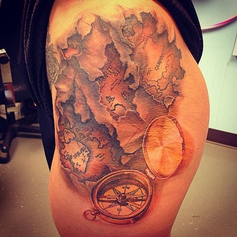 Nautical Compass And Map Tattoo On Side Leg