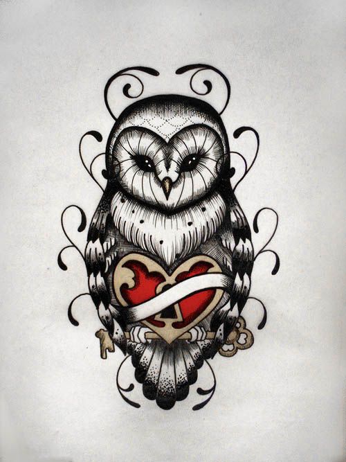 Red Lock Heart Owl Tattoo Design Idea