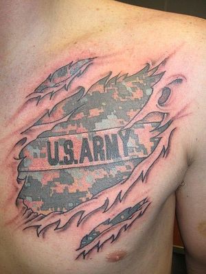 Ripped Skin Army Tattoo On Chest For Men