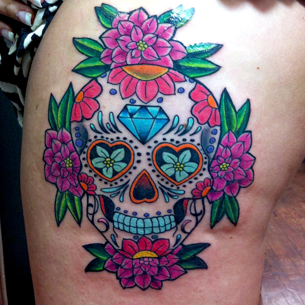 Sugar Skull Dia Delos Muertos Tattoo On Leg For Women