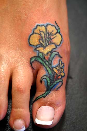 Toe Tattoo With Yellow Flower