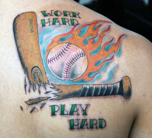 Work Hard Play Hard Sports Tattoo On Back Shoulder
