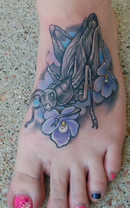 Beautiful Grasshopper Tattoo On Left Foot