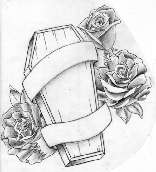 Coffin Tattoo Design Idea With Roses And Banner
