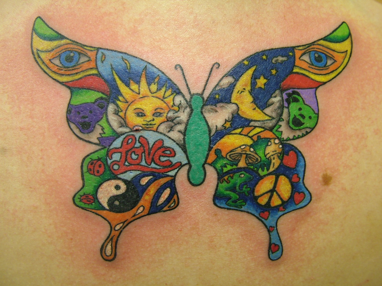 Colorful Butterfly Hippie Tattoo