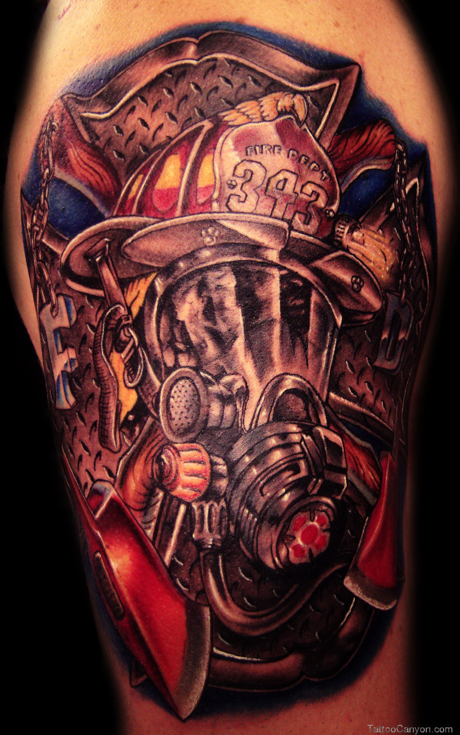 Colorful Firefighter Tattoo Design Image