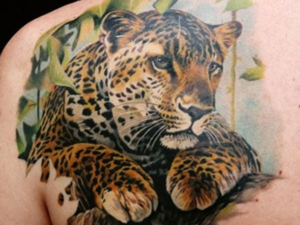 Colorful Leopard Tattoo Design On Left Back Shoulder