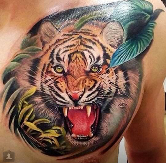 Colorful Tiger Tattoo On Chest For Men