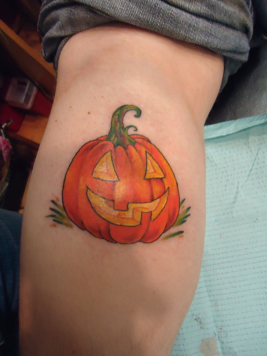 Evil Pumpkin Tattoo Design On Leg