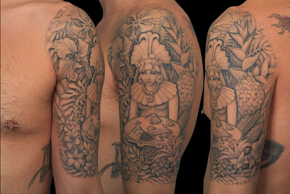 Grey Ink Historical Tattoo On Half Sleeve For Men
