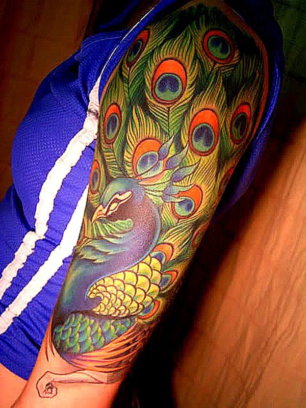 Left Half Sleeve Peacock Tattoo Design