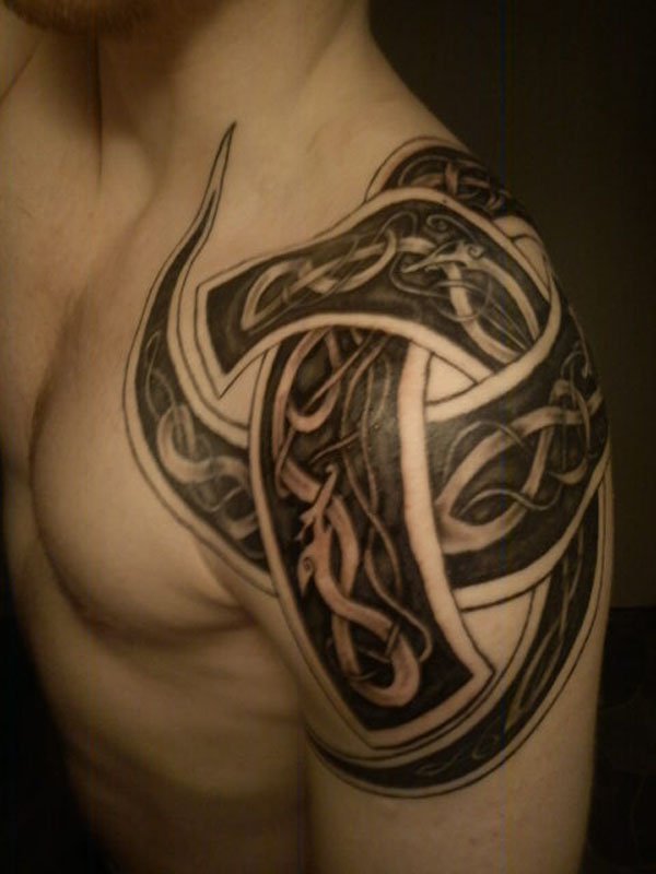 Left Shoulder Horns Of Odin Tattoo For Men