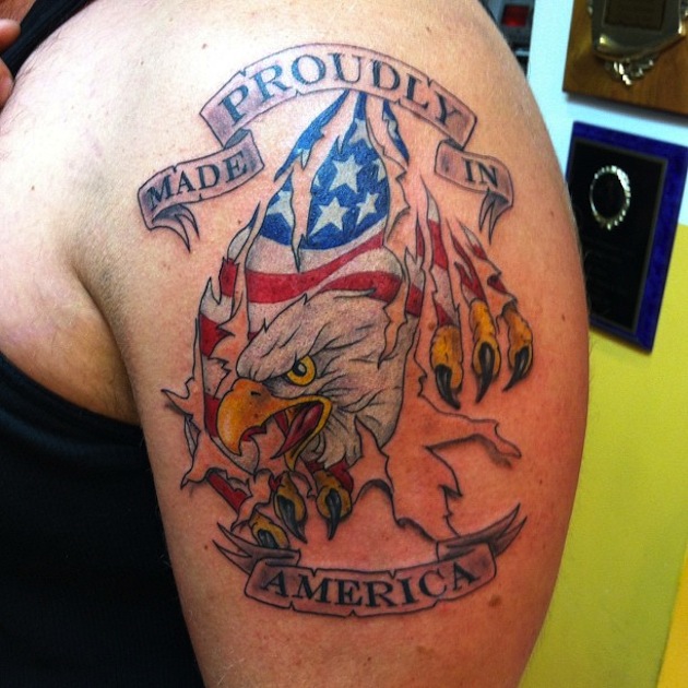 Proudly Made In America Country Tattoo On Left Shoulder