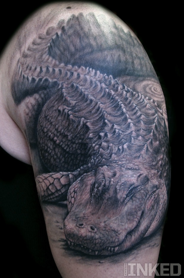 Realistic Alligator Tattoo On Half Sleeve by Stefano Alcantara