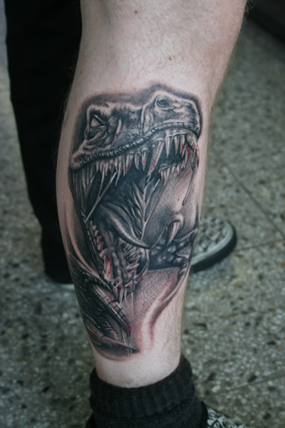 Realistic Dinosaur Tattoo On Leg