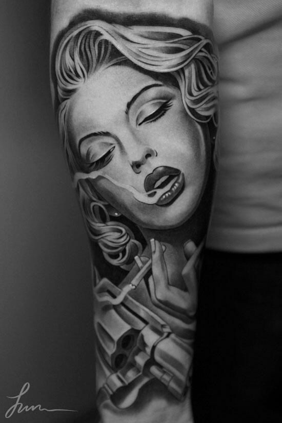 Realistic Grey Ink Marilyn Monroe Tattoo On Sleeve