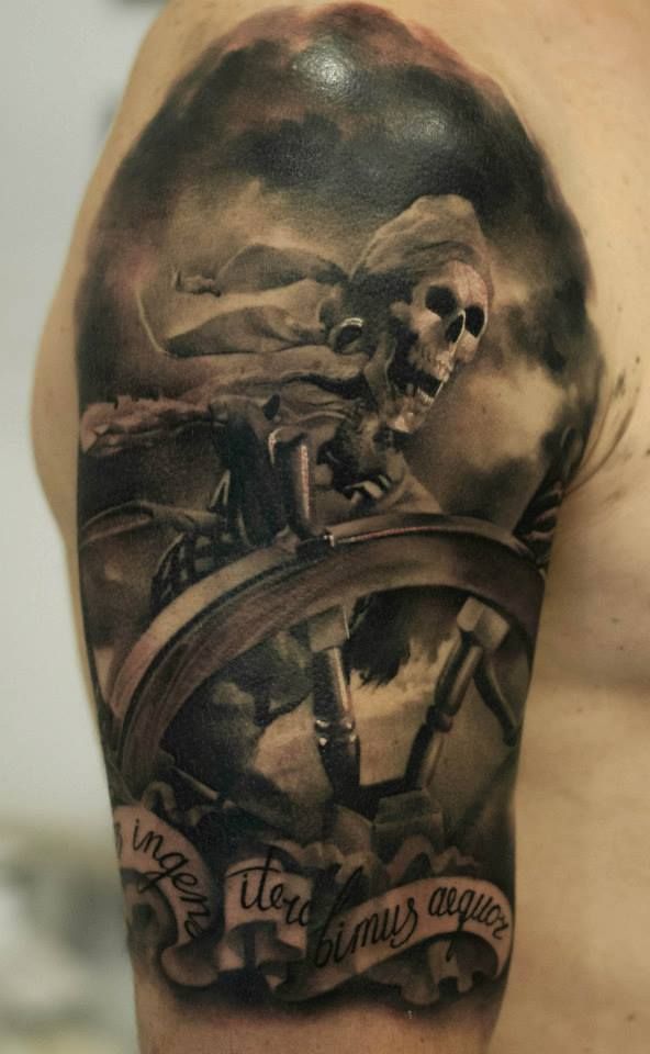 Realistic Grey Ink Pirate Tattoo On Half Sleeve