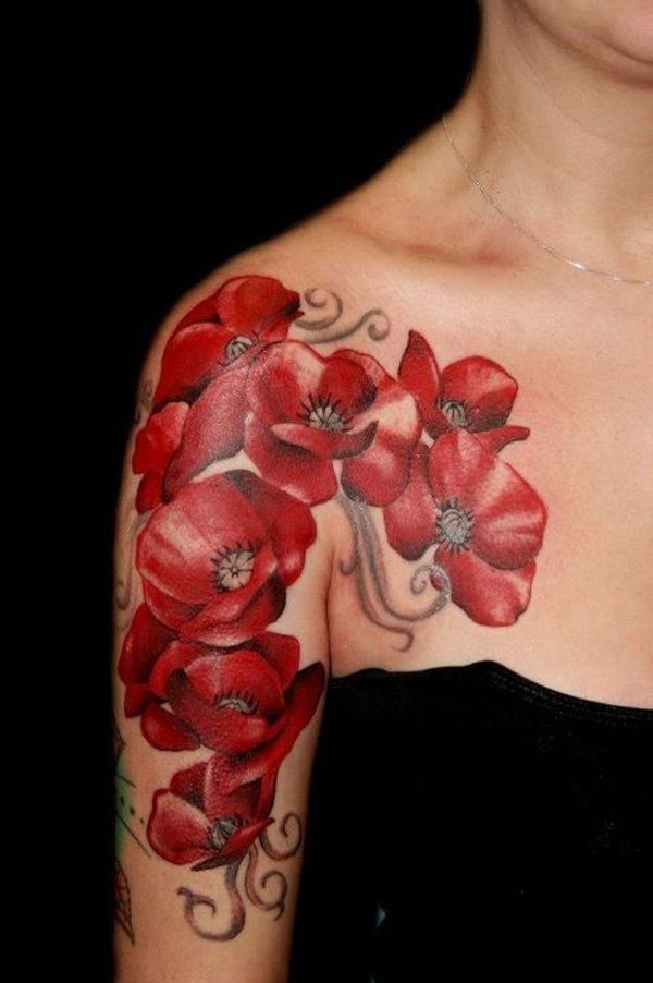 Red Poppy Tattoos On Right Shoulder And Half Sleeve
