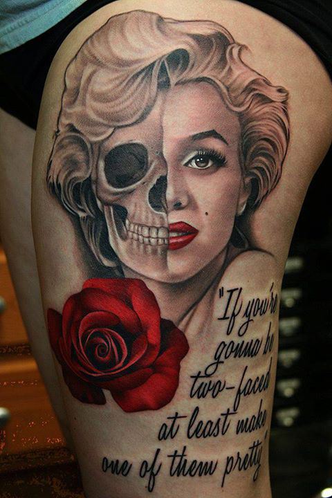 Red Rose And Marilyn Monroe Tattoo On Left Thigh by Aaron Peters