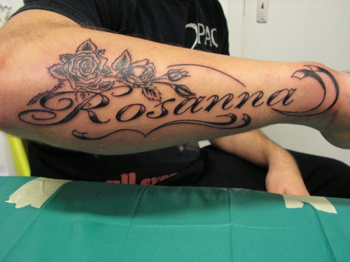 Rosanna Name Tattoo On Right Arm