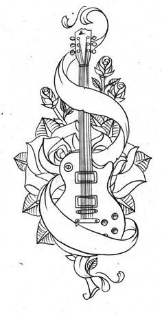 Rose Flower With Guitar Tattoo And Banner