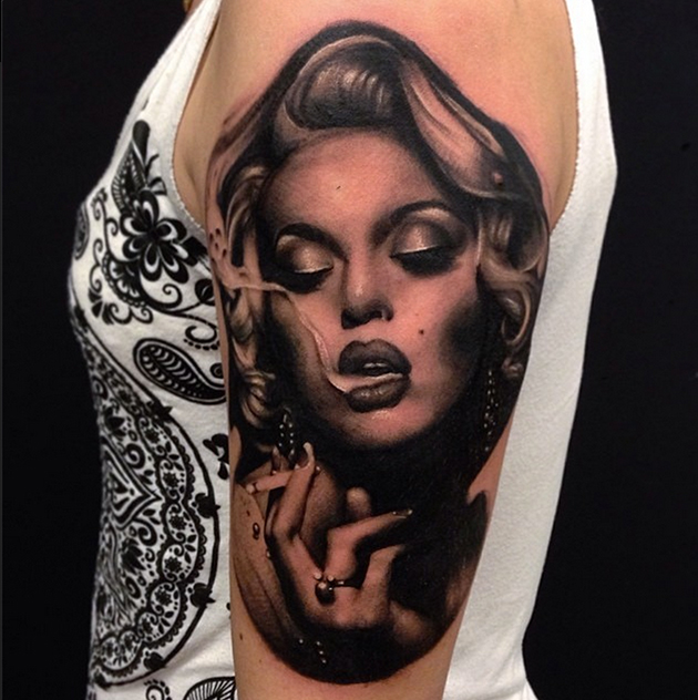 Smoking Marilyn Monroe Tattoo On Left Half Sleeve